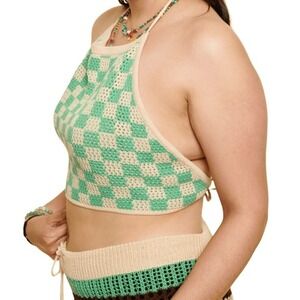 T8 Earthbound Trading Co Green Checkered Knit Halter Top Boho Festival NEW‎